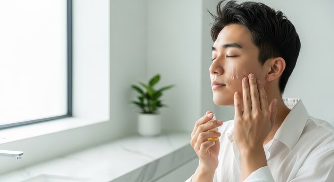 Young Asian man applying facial oil while looking in mirror indoors  