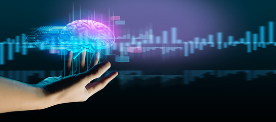 hand of businessman interactive touching a holographic artificial intelligence brain system network and technology