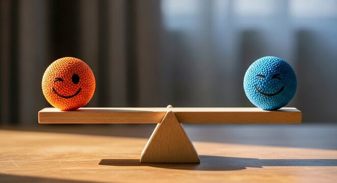 wooden chair and ball, Two winking faces balance on scales. Orange, blue spheres represent positive sentiment assessment. Emotions balance. Image for AI based feedback evaluation, opinion research. Bu