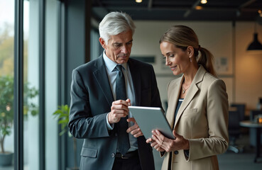 Mature man and woman in suits discuss project on tablet in modern office. They collaborate using digital device, planning strategy, working together on business task, senior professionals.