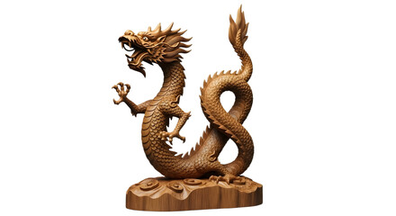 A carved wooden dragon figurine on a wood base on transparent background