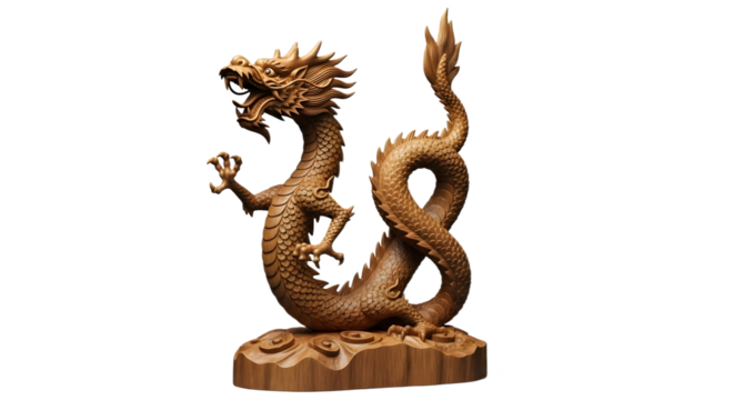 A carved wooden dragon figurine on a wood base on transparent background