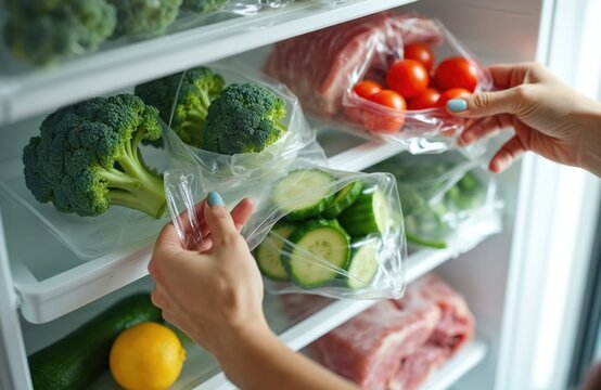 Woman organizes fresh produce in refrigerator. Healthy food storage promotes wellness, nutrition. Preparing meals with vegetables, meat, citrus fruits for balanced diet. Domestic kitchen scene