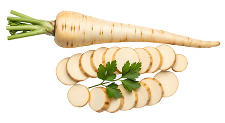 Parsnip whole and sliced with parsley transparent background
