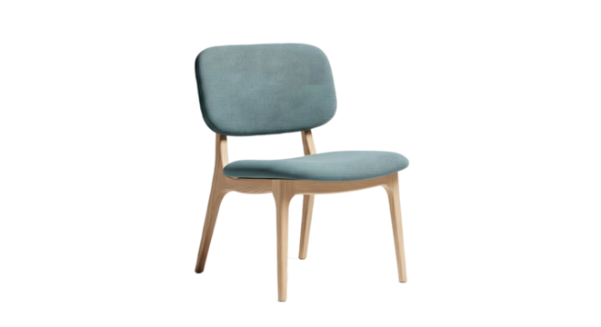 A light blue chair with wooden legs on transparent background