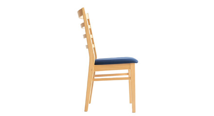 Profile view of a wooden chair with blue cushion on transparent background