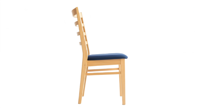 Profile view of a wooden chair with blue cushion on transparent background