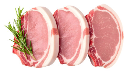 Three raw pork chops with rosemary on transparent background
