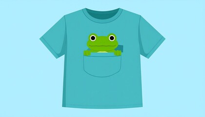 Cute cartoon frog peeking out of a pocket on a stylish blue t-shirt design