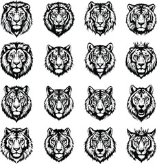 Lion and Tiger Head Vector Set — 4×4 Grid of Stylized Black and White Animal Illustrations Featuring Crowns and Fierce Expressions