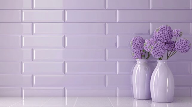 A stylish interior scene with a soft lavender or pastel purple subway tile wall with a matte finish. Perfect for modern, feminine, or bathroom decor concepts.