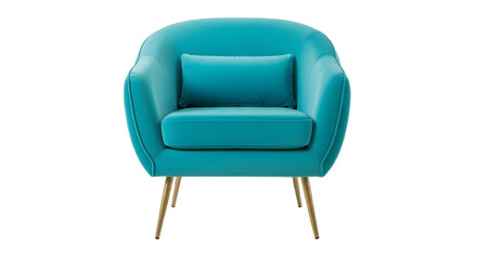 A turquoise armchair with gold legs on transparent background