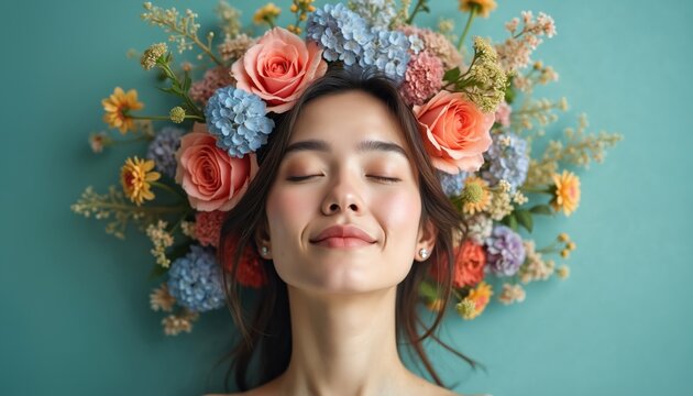 Young asian woman wears floral headpiece. She has closed eyes and smiles gently. Her face shows inner peace and happiness. She looks serene and content.