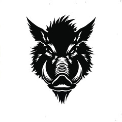 Wild Boar Head Silhouette Vector — Fierce Symmetrical Black and White Illustration with Tusks and Intense Eyes for Emblem Use