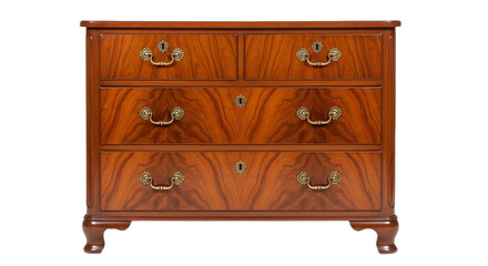 A wooden dresser with four drawers and brass pulls on transparent background