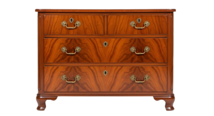 A wooden dresser with four drawers and brass pulls on transparent background