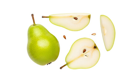 A whole and sliced pears view on transparent background