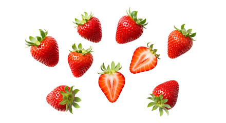 Arrangement of several strawberries on transparent background