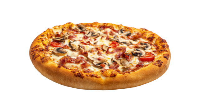 Whole pizza with mushrooms bacon and tomatoes isolated on a transparent background