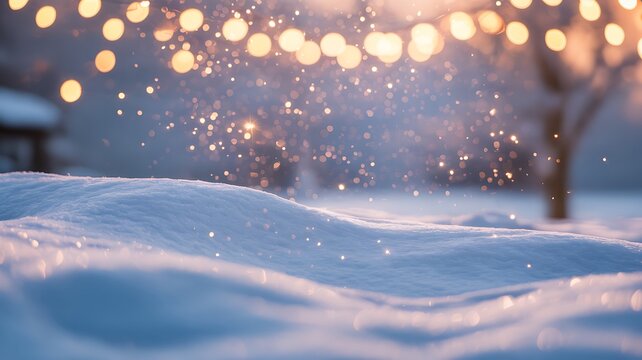 Magical winter landscape with snowdrifts and twinkling festive holiday lights