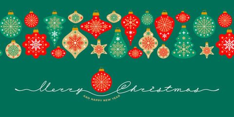Christmas greeting card, banner with scandinavian seamless border pattern. Christmas and New Year ornaments. Vector vintage background for winter holidays. Seasonal greeting design