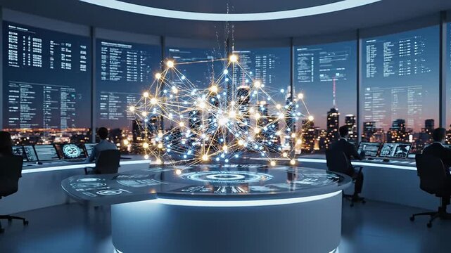 Modern Control Room with Data Visualization and Analytical Interfaces Showcasing High-Tech Social Dynamics in a Futuristic Urban Environment