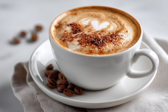 White cup of cappuccino featuring heart-shaped latte art and cocoa powder topping, resting on a saucer with a spoon, beside a glass of milk and out-of-focus pastry