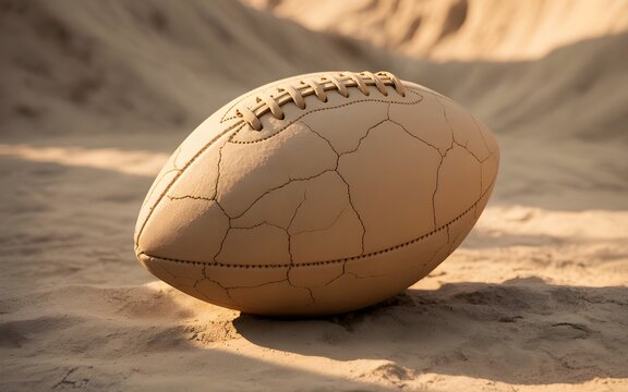 A cracked and weathered football rests on a sandy dune, symbolizing resilience and endurance