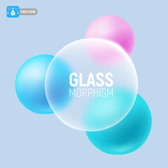 Glass morphism concept. 3D Modern design element with blue, pink and turquoise spheres. Matte transparent circle with sparkling edges. Frosted glass effect. Vector illustration