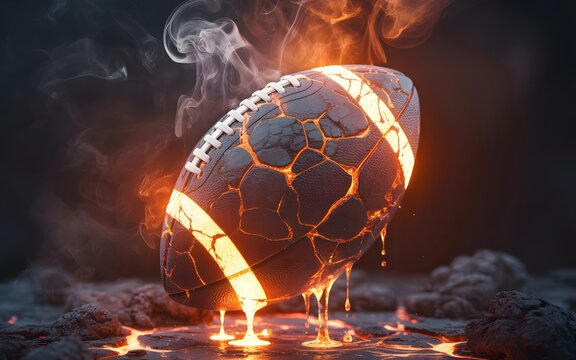 A fiery football with lava cracks and smoke, symbolizing intense sports competition and passion