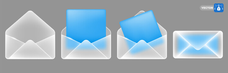 Envelope icon with glass morphism effect. 3D Modern envelopes set, open, sealed, empty, with blue paper sheet. Matte transparent glass with sparkling edges. Frosted glass effect. Vector illustration