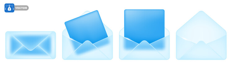 Envelope icon with glass morphism effect. 3D Modern envelopes set, open, sealed, empty, with blue paper sheet. Matte transparent glass with sparkling edges. Frosted glass effect. Vector illustration