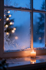 Cozy candle illuminating frosty window with Christmas tree in background  