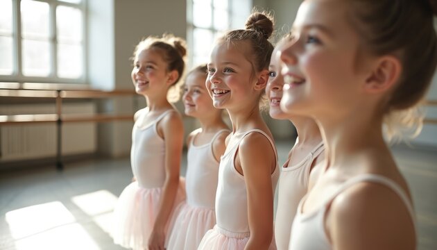 Group of young ballerinas smiles in ballet class rehearsal. Girls practice graceful movements in studio setting. joy, teamwork during training for performance. Scene reflects dedication, artistic