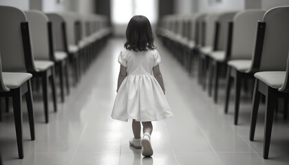 Small girl in white dress walks alone down empty corridor, back to viewer. Moves forward between long rows of chairs, exploring institutional hall. Child heads toward bright light at passage end,