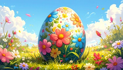 Delightful floral easter egg illustration amid a vibrant spring meadow landscape