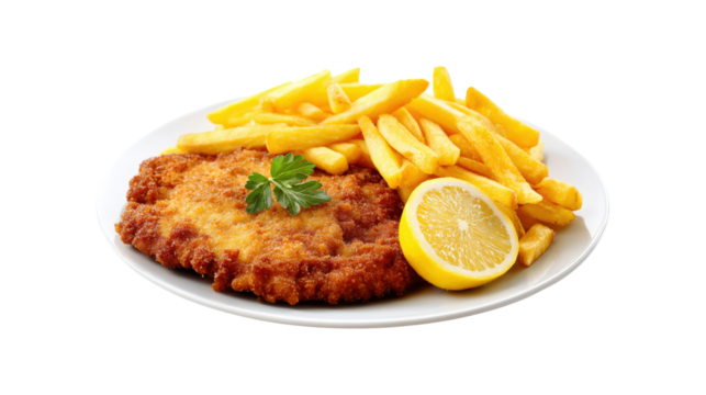 Breaded Cutlet with French Fries and Lemon isolated on a transparent background 