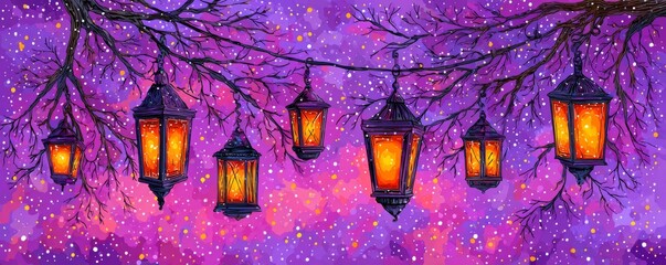 The pastel sky serves as a backdrop for a beautiful arrangement of blossoms and whimsical lanterns