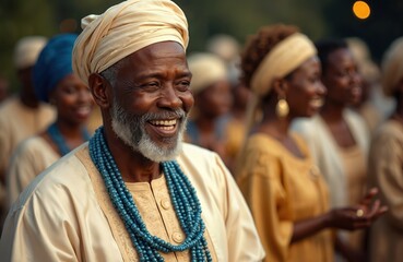 Fototapeta premium Elderly African man with grey beard smiles wearing traditional attire. Group of Black people in festive clothing attends event. Community celebrates cultural heritage outdoors happily. Diverse guests