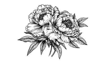 Detailed black and white peony flowers illustration on transparent background