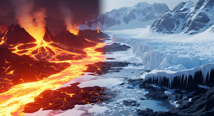 Vast Landscape Divided by Active Volcano with Lava and Expansive Glacier