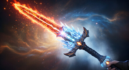 Powerful Fire and Ice Fantasy Sword Held Against a Cosmic Starry Background