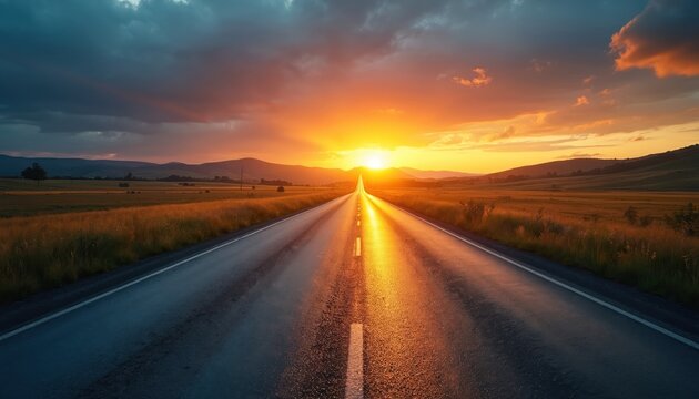 Long empty asphalt road leads toward bright sun setting over hills. Wet road surface reflects orange light. Rural landscape with fields on sides. Travel journey freedom.