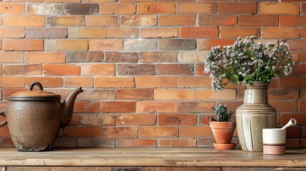A warm and inviting rustic kitchen or interior scene featuring a terracotta subway tile backsplash. Perfect for home decor and lifestyle concepts.