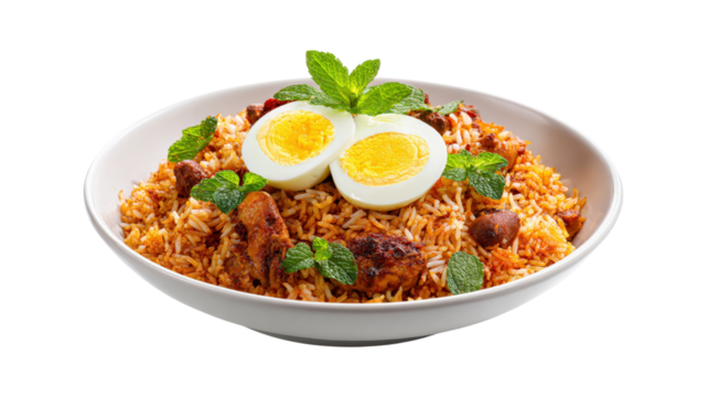 Chicken biryani with boiled eggs isolated on a transparent background