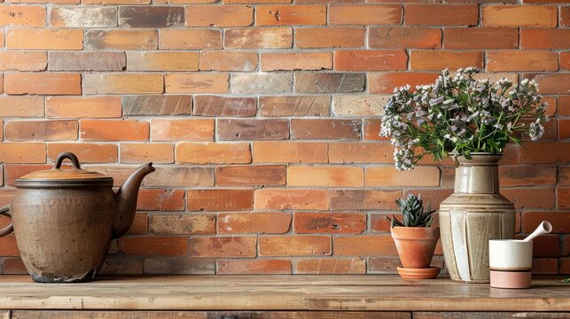 A warm and inviting rustic kitchen or interior scene featuring a terracotta subway tile backsplash. Perfect for home decor and lifestyle concepts. - Powered by Adobe