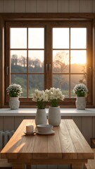 Fototapeta premium Sunlit Wooden Dining Table With Fresh Flowers By Window Creating Warm Cozy Home Interior Scene Design