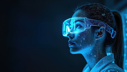 Woman wears futuristic VR headset with digital code overlay. She looks at a complex data visualization, exploring virtual reality. Artificial intelligence and cyber security concepts.