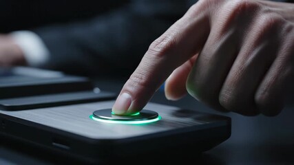 A detailed close-up of a person using a fingerprint scanner to access a secure electronic device, highlighting modern biometric security technology.