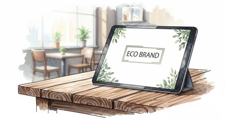 Tablet screen mockup displaying an eco brand logo in a cafe. Watercolor illustration for sustainable business and green marketing concepts